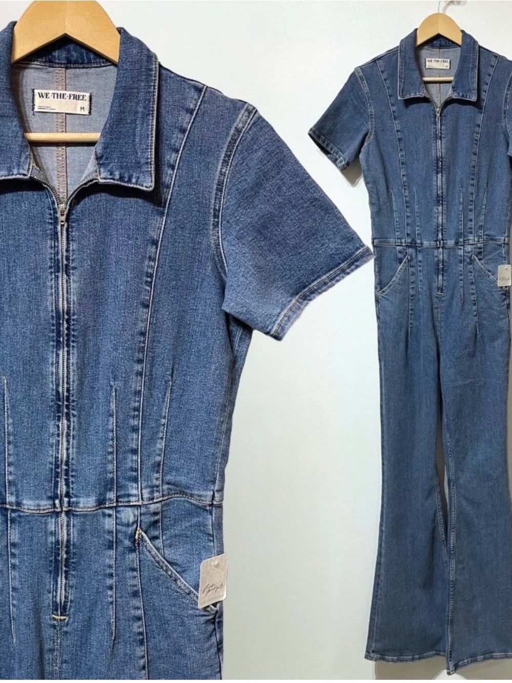 We The Free Blue Short-Sleeve Denim Jumpsuit with Zip